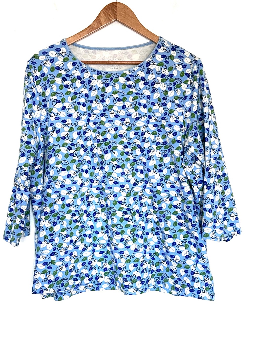 Kim Rogers Plus Shirt Women’s 1X Blue Leaves 3/4 Sleeve Pullover Top